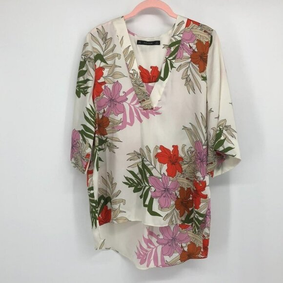 Zara floral botanical garden print ivory white V neck blouse  2/3 sleeves - Picture 6 of 14